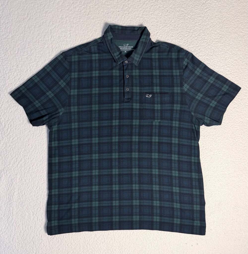 Vineyard Vines Edgartown Polo Shirt Green and Navy Plaid XL